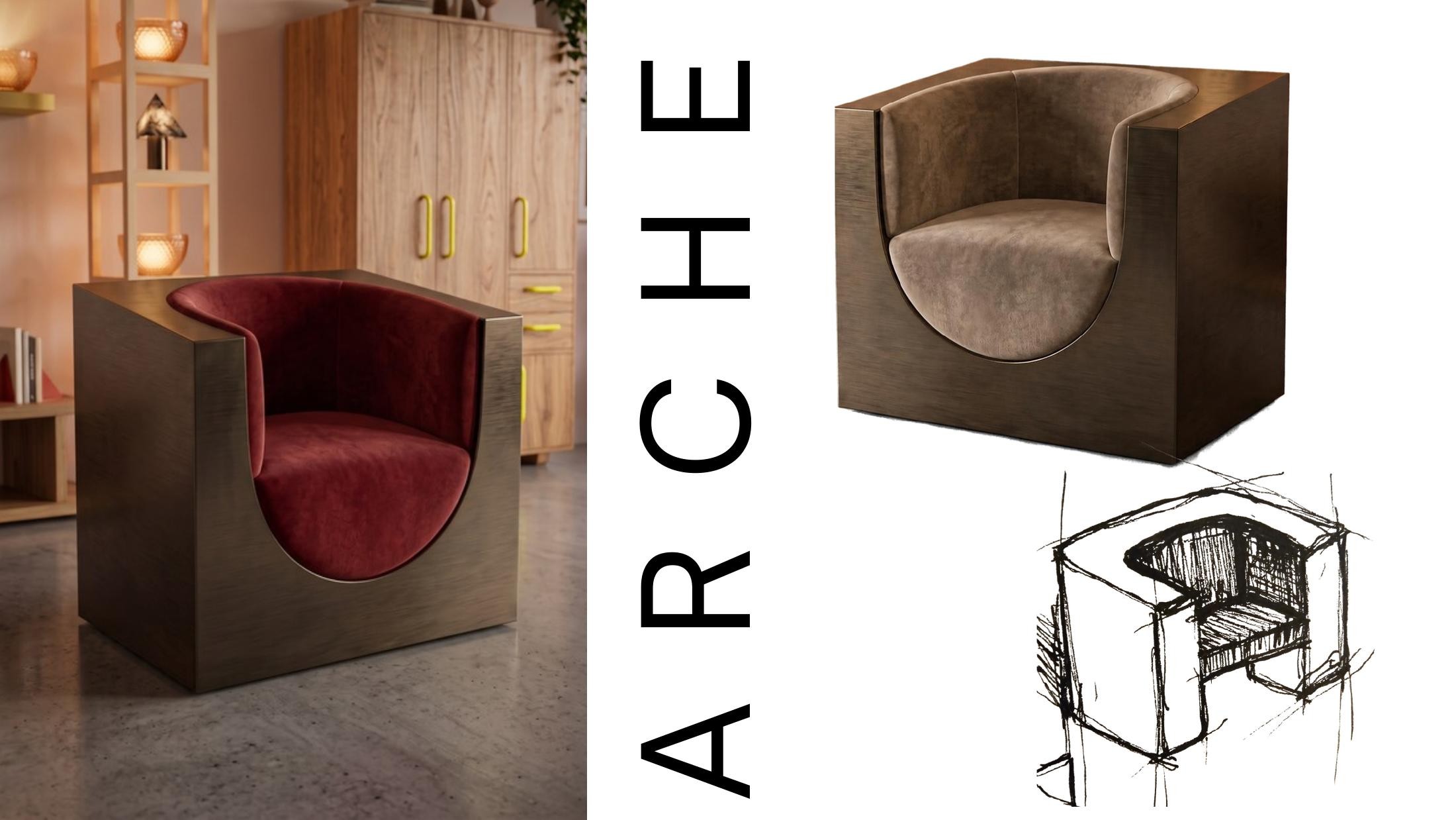 Studio JAE ARCHE chair concept, room visualisation and original sketch